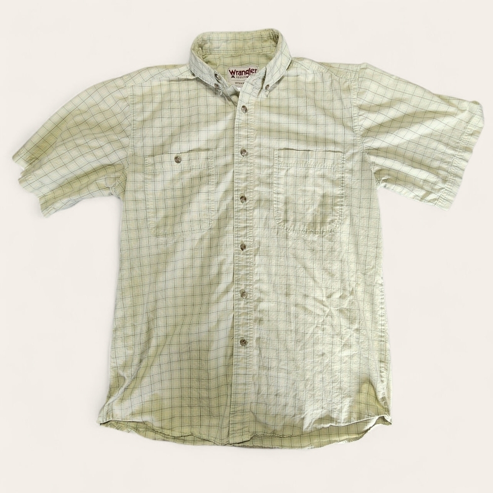 Wrangler Rugged Wear Shirt Grid Plaid Short Sleeve Sage Green Mens Medium